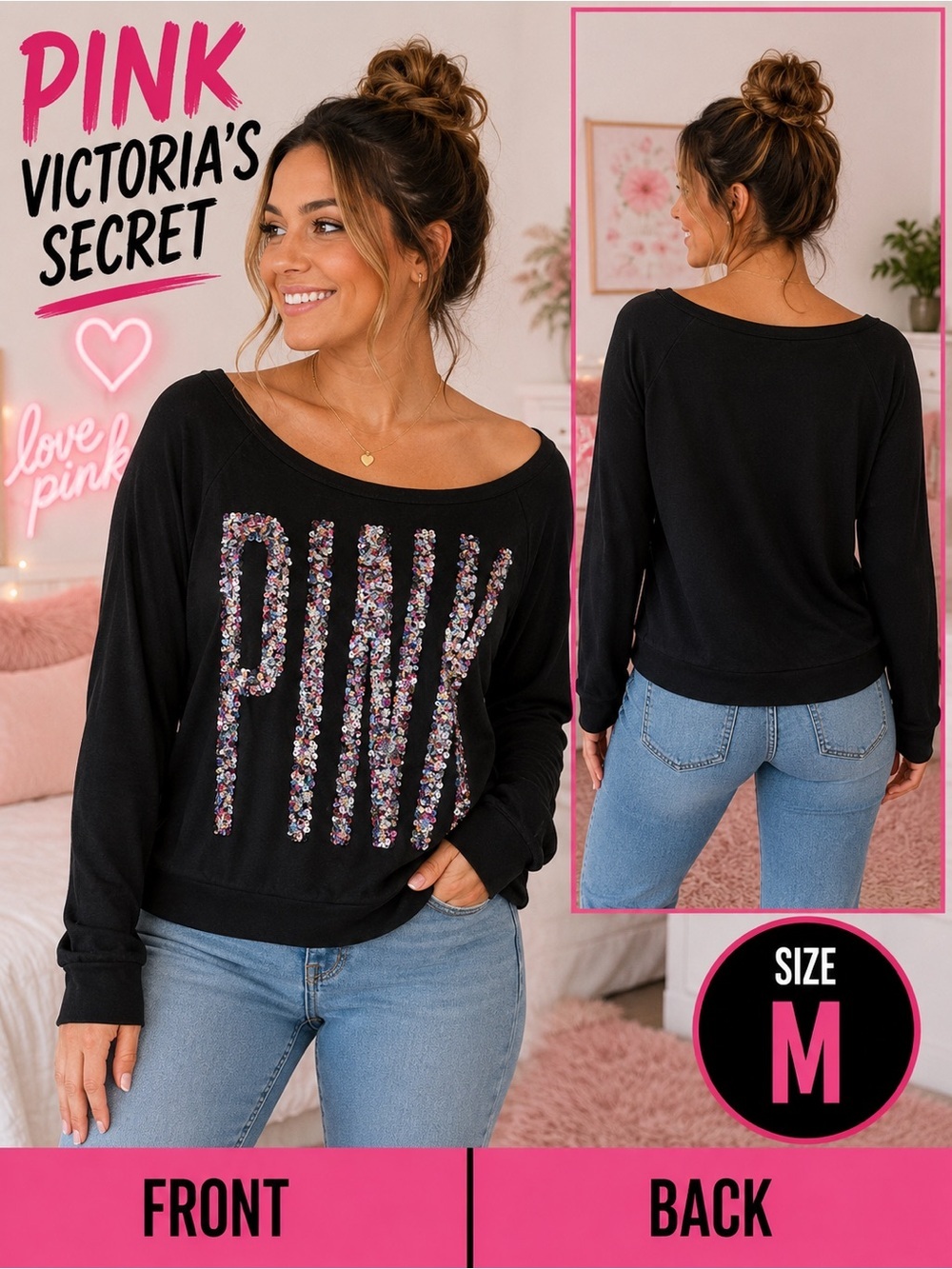 PINK Victoria's Secret Black Long-Sleeve Sequin Logo Tee MEDIUM